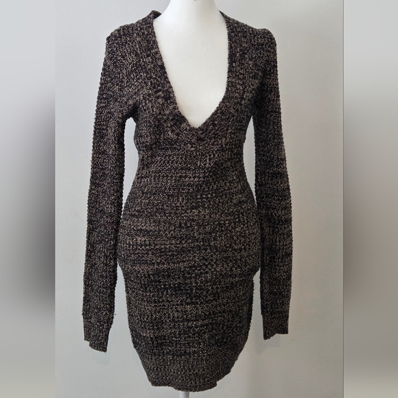 Seductions Dresses & Skirts - Deep V-Neck Long Sleeve Knit Dress - Brown/Black